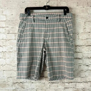 Lululemon Mens Size 34 Chino Shorts Plaid Black Pink Organic Cotton Golf Stretch